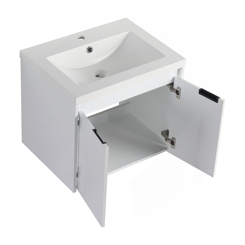 Meuble-lavabo 48 po avec lavabo en résine, portes à fermeture en douceur et armoire murale, montage flottant, blanc brillant, contreplaqué
