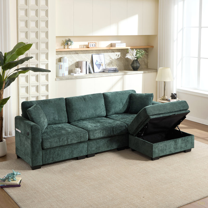 Canapé de rangement moderne avec double port USB, 2 poches latérales, banc de rangement avec repose-pieds, canapé modulaire en chenille surdimensionné, canapé en L surdimensionné à 4 places