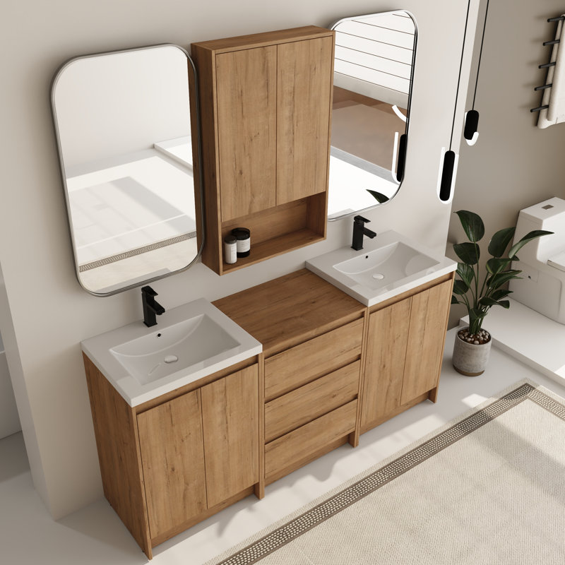 Ensemble de meuble-lavabo double autoportant 72 po avec comptoir en résine et armoire murale 24 po Bellmead, 72"