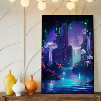 Canvas A Mystical Underground Cave Illuminated By Vibrant Bioluminescent Mushrooms And Wall Art Glowing Crystals With A Tranquil Pool Canvas Wall Art