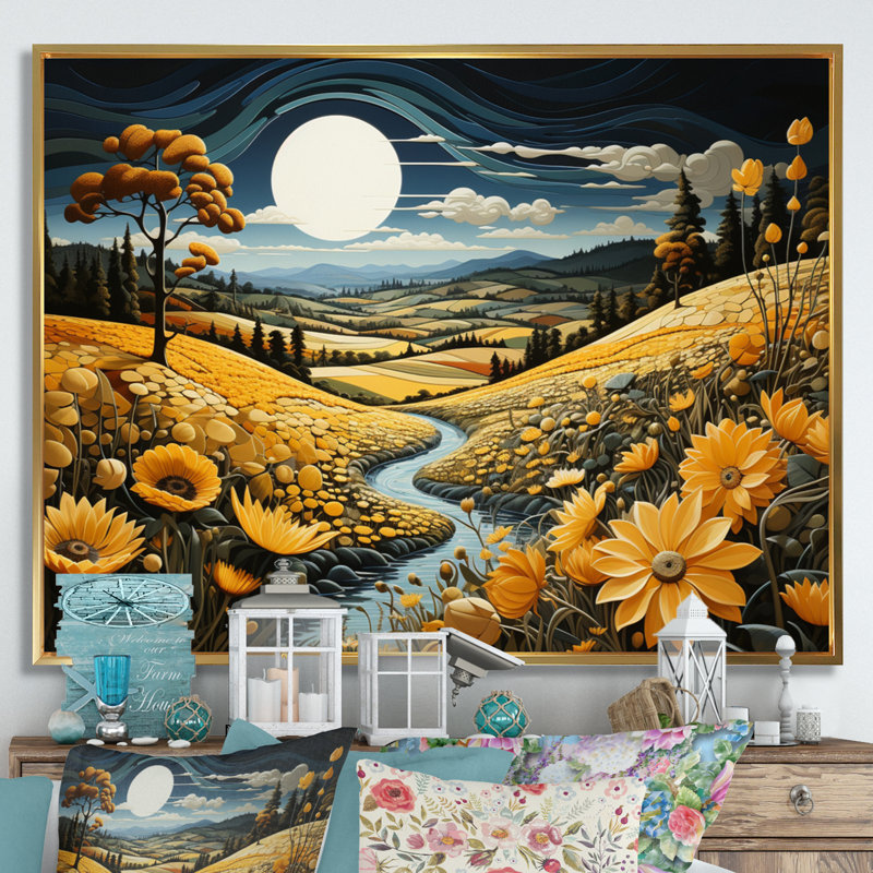 Countryside Yellow Fields In I, reproduction d'art sur toile, Cadre flottant doré, H 30 po x l 40 po x P 1,5 po