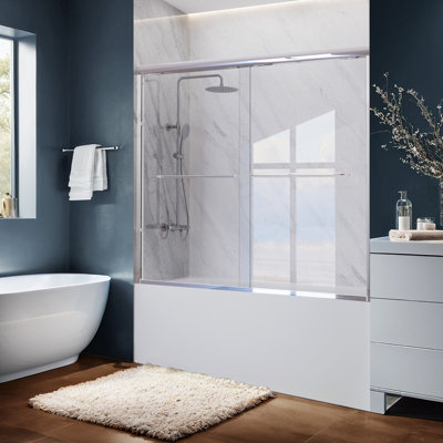 55" - 59'' W x 60'' H Double Sliding Door Semi-Frameless Tub Door With Two Towel Bars
