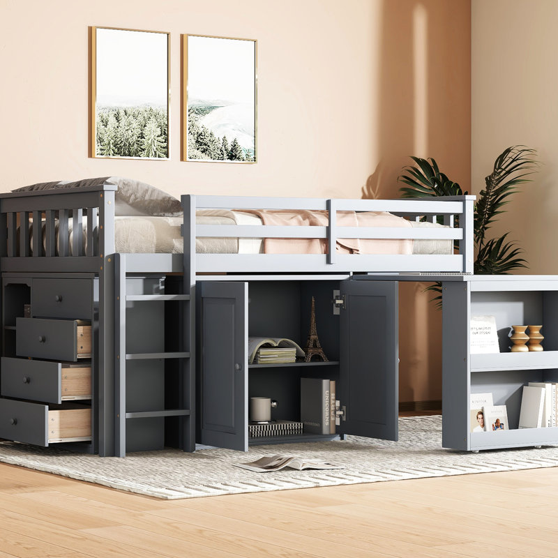 Lit mezzanine simple blanc avec armoire pratique et étagères - Armoire, tiroir, tablette, coffre-fort de bureau escamotable