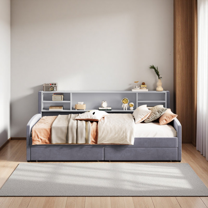 Lit plateforme simple tapissier avec rangement et tiroirs, Gris