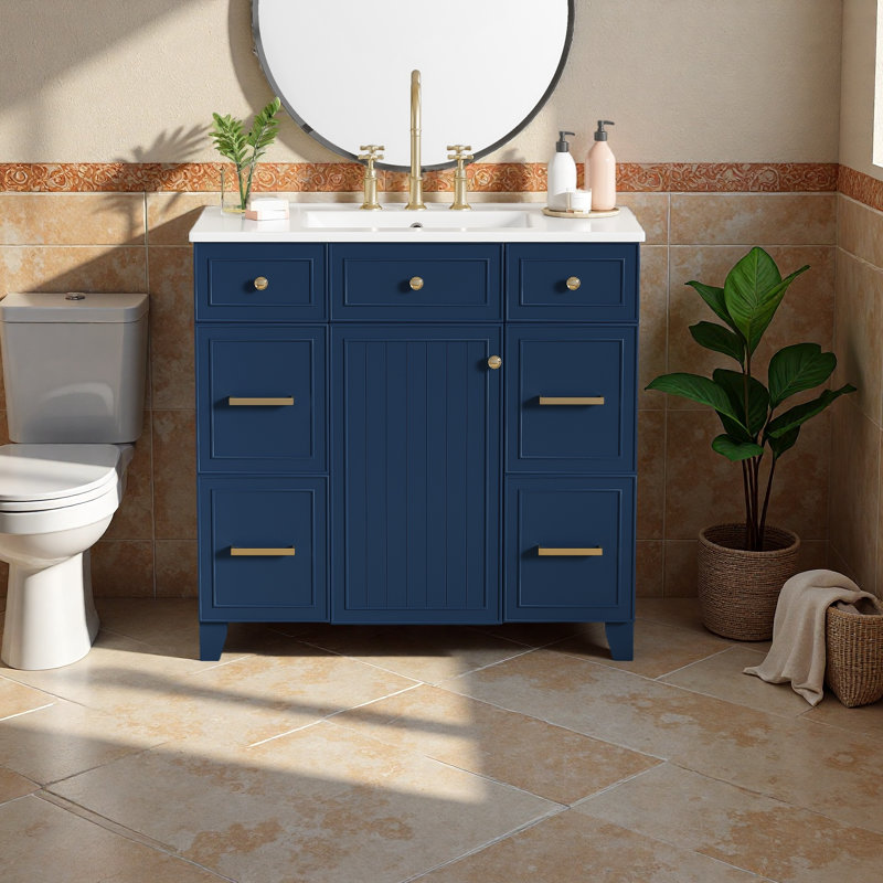 Meuble-lavabo 36 po avec lavabo en céramique, Bleu
