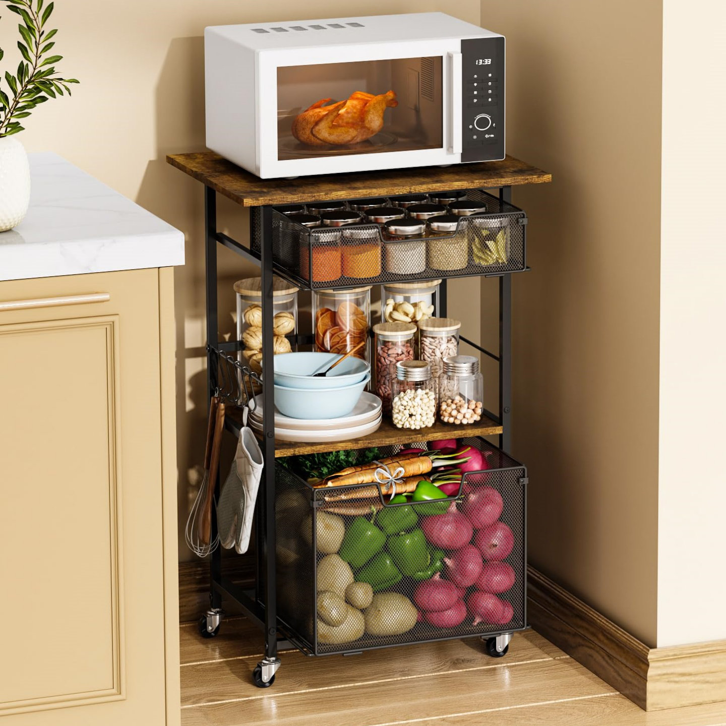 KEWILO Microwave Stand with Drawers &amp; Hooks | Wayfair