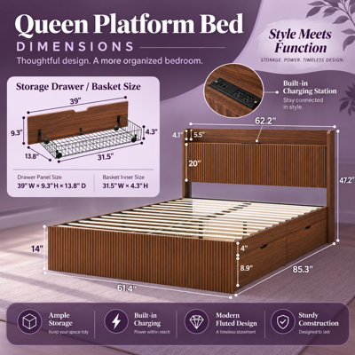 Lit plateforme Storvexa Queen Size avec 4 tiroirs de rangement latéraux et station de recharge intégrée, tête de lit en bois cannelé, base de rangement fermée et résistante à la poussière, cadre en acier renforcé