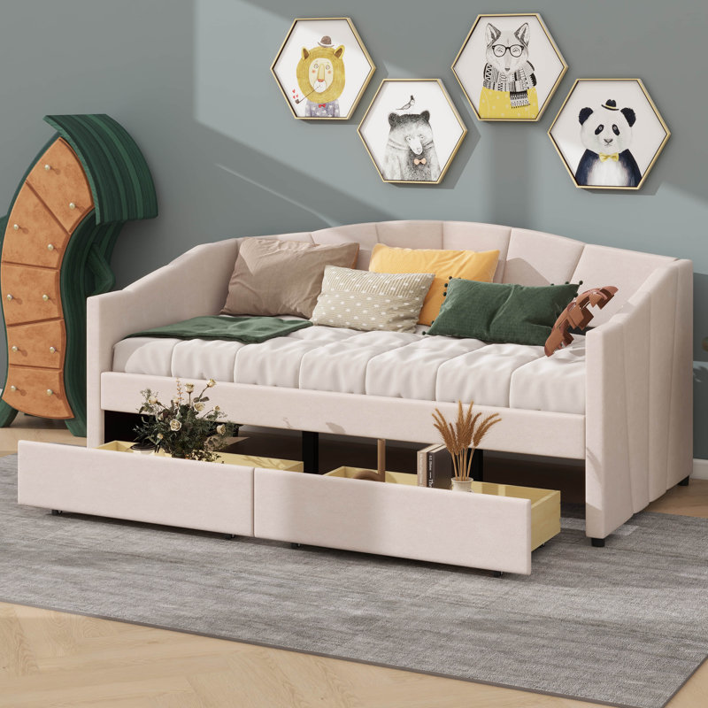 Upholstered Twin Size Daybed With Dual Drawers, Beige
