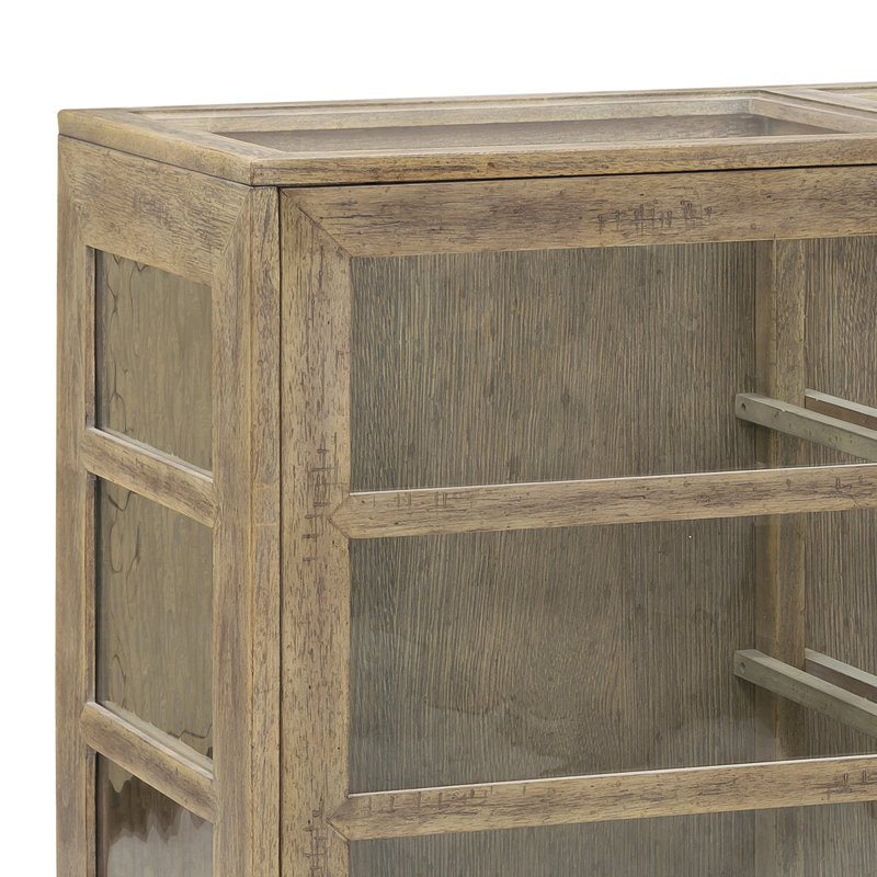 Light Wood Oak Veneer Lighted China Cabinet with Sliding Doors