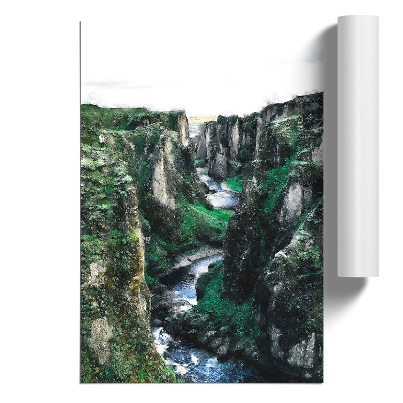 Mountain Canyon in Iceland Painting - Frameless Print, 59cm H x 42cm W x 0.1cm D