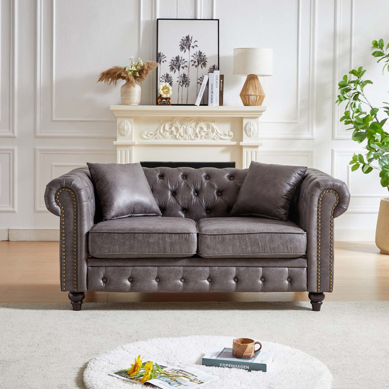 Canapé Chesterfield 63,5 po, boutons en tissu technique avec 2 coussins, Gris