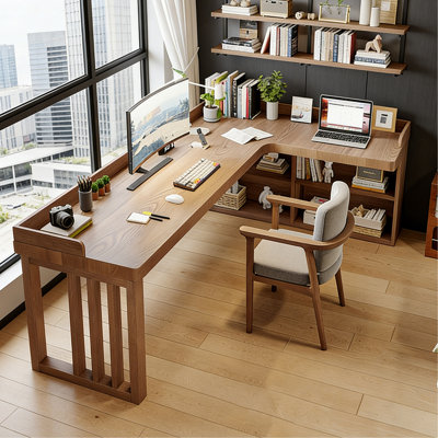 Modern L-Shaped Solid Wood Desk with Bookshelf
