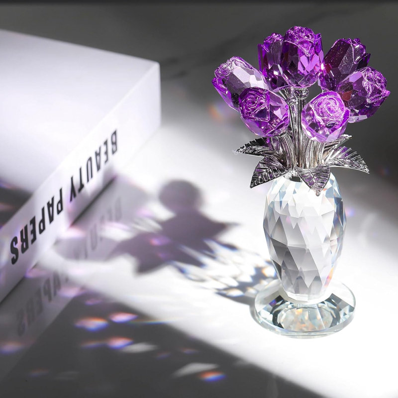 Bouquet de roses en cristal fait à la main avec vase décoratif décoratif, Purple