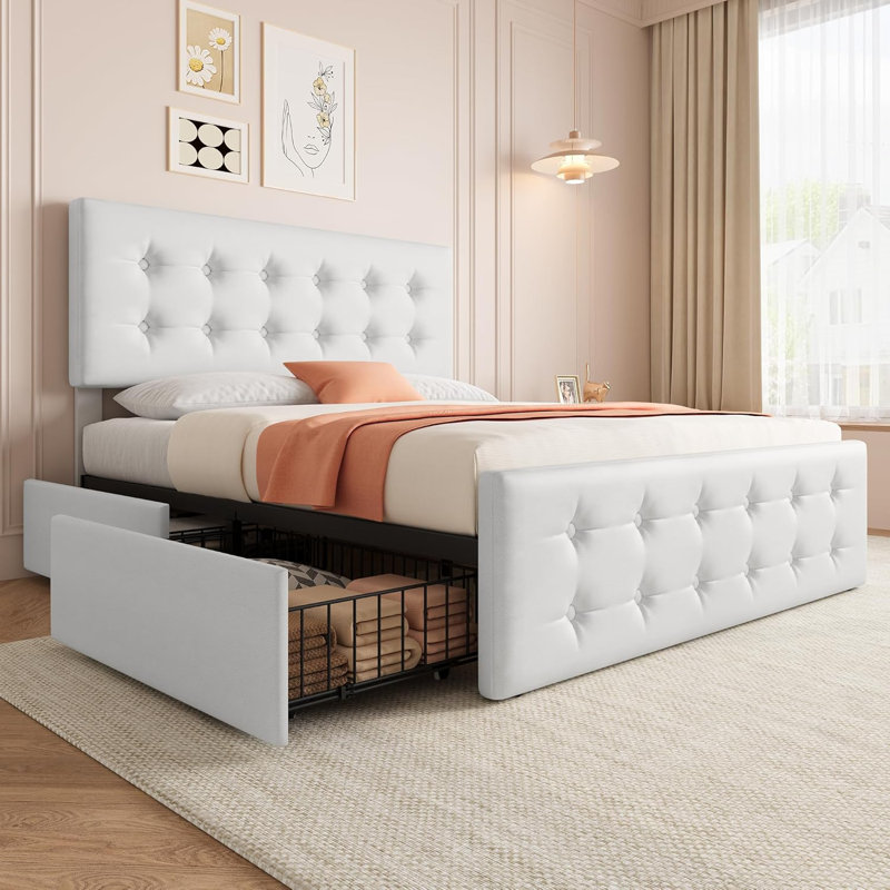 Lit double en cuir PU - 4 tiroirs, capitonnage, blanc, Double, Blanc