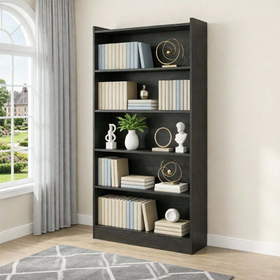 Bibliothèque en bois à 6 niveaux avec tablettes de rangement ouvertes