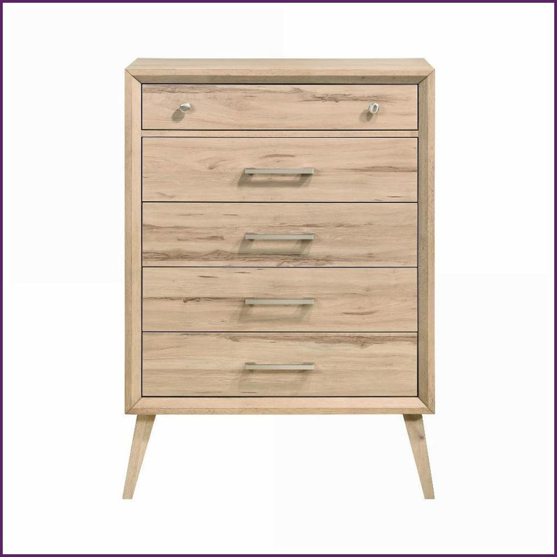 Chests &amp; Wardrobes, Mid-Century Modern 5-Drawer Chest | Natural Oak Melamine | Brushed Nickel | Oak | Wood