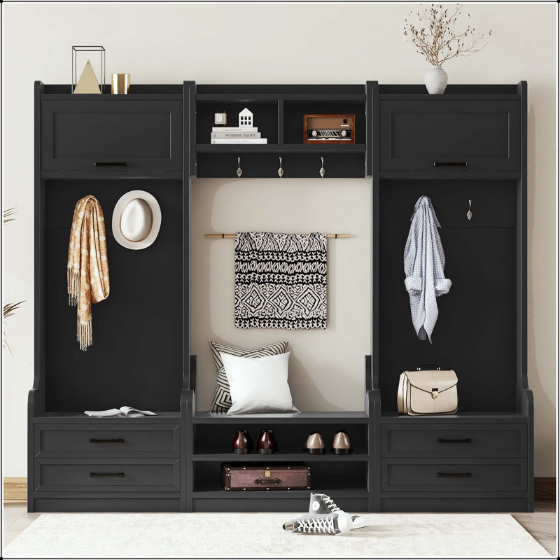 4-in-1 Detachable Hall Tree with 7 Hooks, Drawers & Cabinet, Black