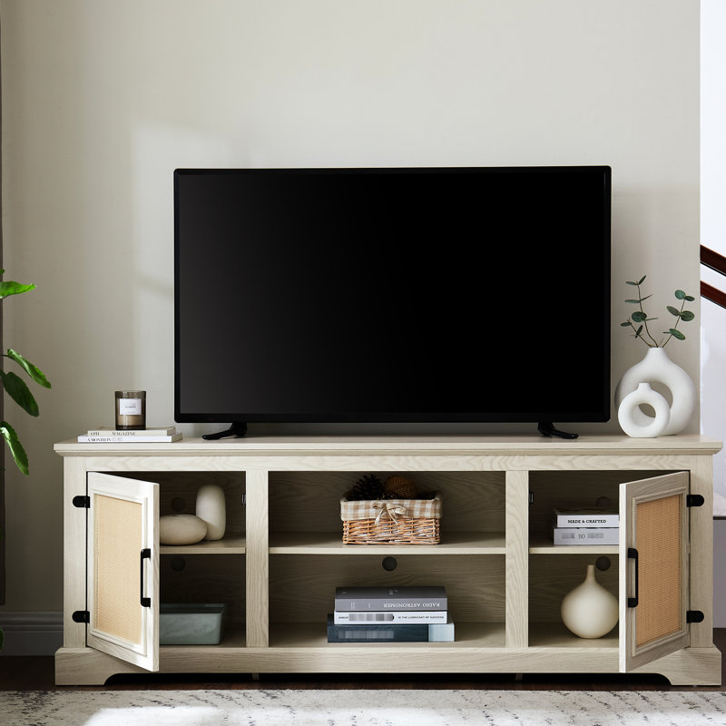 Meuble télé blanc avec portes, 2 étagères, compatible avec les téléviseurs de 70 pouces, 165 cm (l) x 39 cm (p) x 62 cm (h), style table, design, étagères et placards à portes, pour téléviseurs