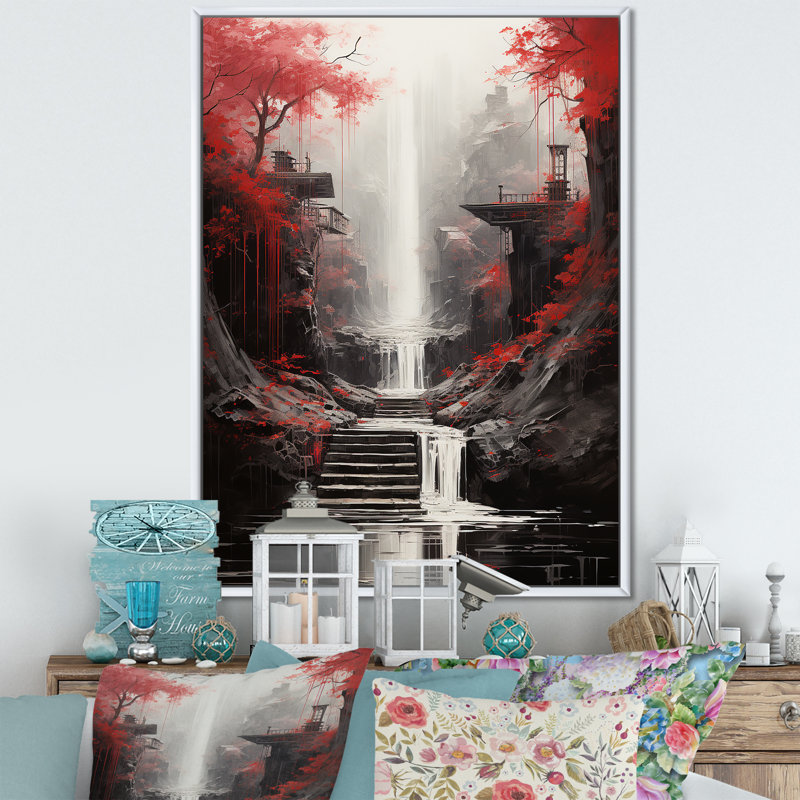 «Red Tree Endless Waterfall Journey», art sur toile, H 44 po x l 34 po x P 1,5 po, Cadre flottant blanc