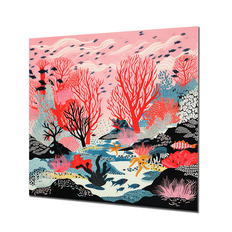 Corail rouge profond avec illustration de poissons - impression d'art mural corail, Sans cadre, H 36 po x l 36 po