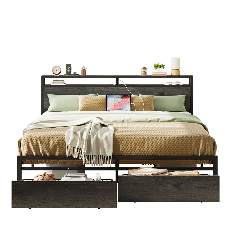 Bed Frame With Storage Headboard, Charcoal, California King, Gray
