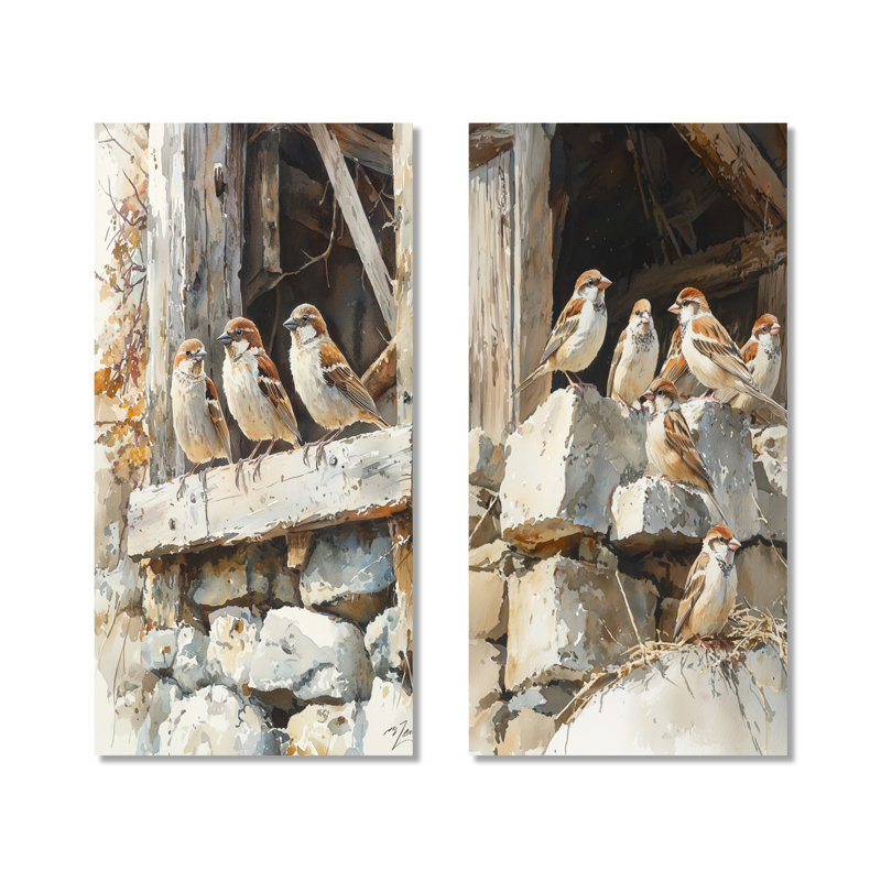 «Sparrows Birds In The Farmyard I», collection d'art sur toile 2 animaux, H 28 po x l 25 po, Toile tendue