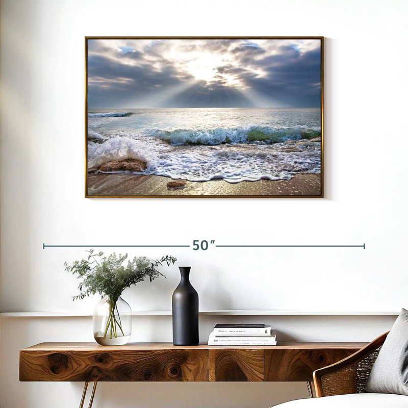 L'océan au lever du soleil, Cadre flottant doré, 37 po x 25 po