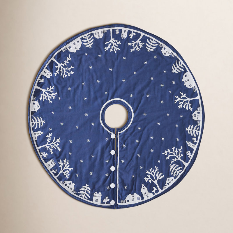 Handmade Christmas Tree Skirt in Cotton - Village Scene on Navy Blue - 60"