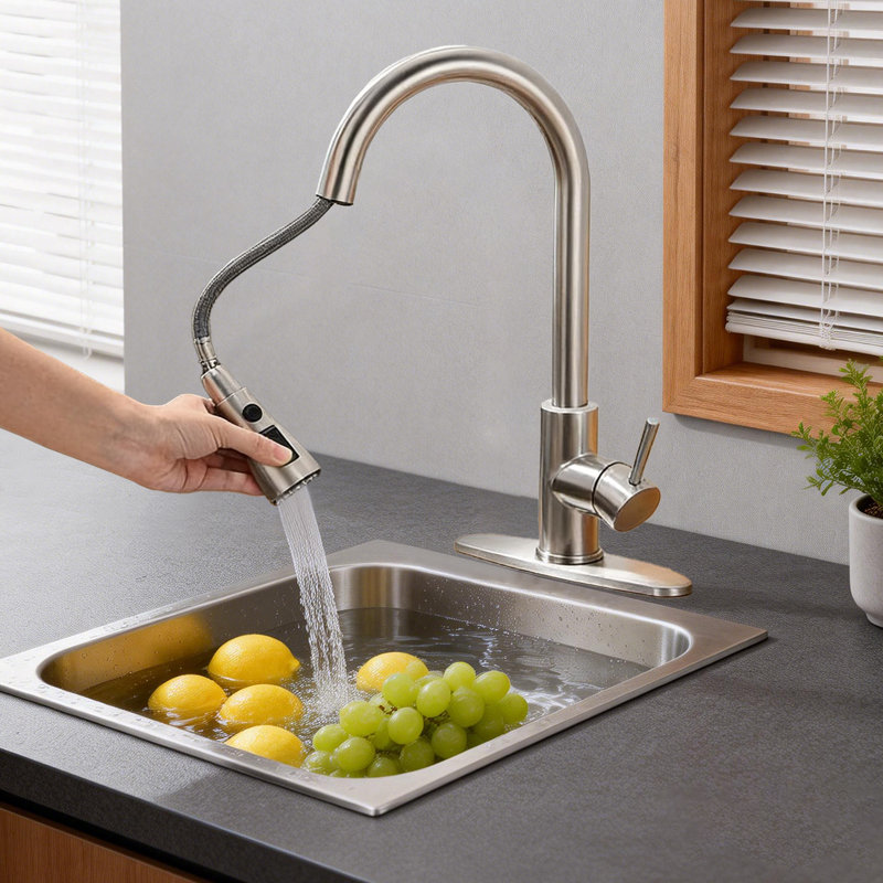 Robinet de cuisine moderne à poignée simple avec douchette extractible, Nickel brossé