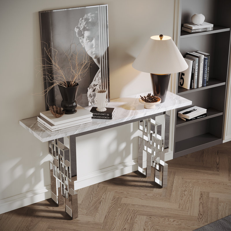 Silver Console Table, 55" Rectangle Grey Sintered Stone Sofa Table With Geometric Base, Modern Entryway Table For Home, Office