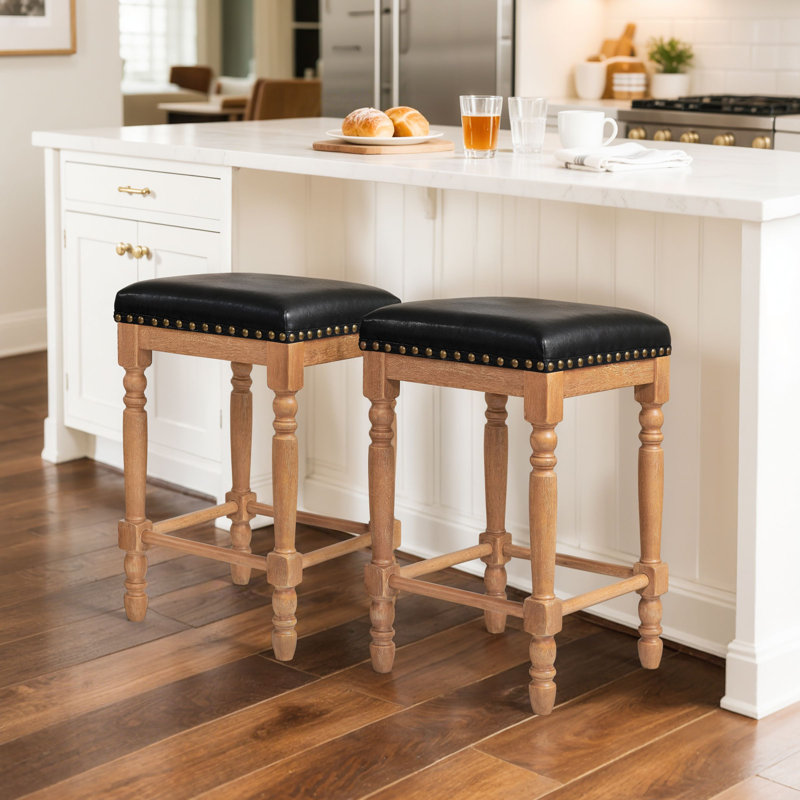Counter Height Bar Stools, Backless Kitchen Counter Stools, Mid Century Modern Upholstered with Solid Wood Frame & Oil Wax Leather for Kitchen Island Dining Room