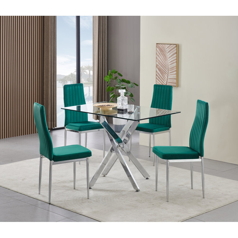 Rexel Dining Table with 4 Monza Velvet Chairs, Green