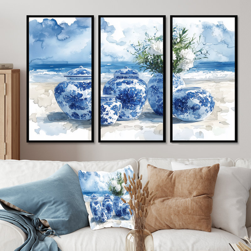 «Blue and White Coastal China Pottery - Boho Pottery», ensemble de reproduction d'art mural, Toile avec cadre flottant noir