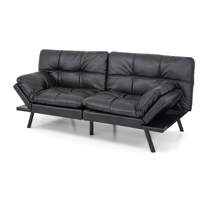 Futon Sofa Bed With Foam & Removable Armrests - 2-4 Seater, Matte Black