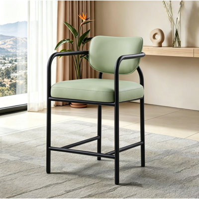 Tabouret de bar de cuisine Soft Sage (1 pièce), hauteur du comptoir, avec accoudoirs et dossier rembourré, siège en PVC, structure en fer robuste, entièrement assemblé.