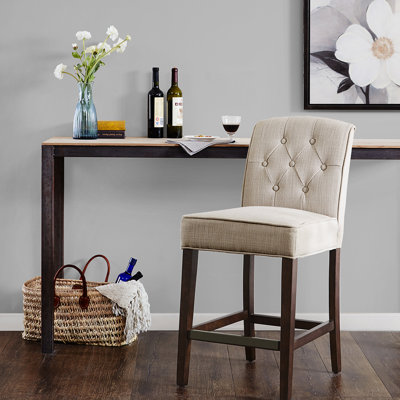 Counter Stool - Elegant Tan Upholstery, Wood Legs, Button Back, Bronze Kick Plate, Assembly Tools 26" Dining Fabric, Wood, Required With