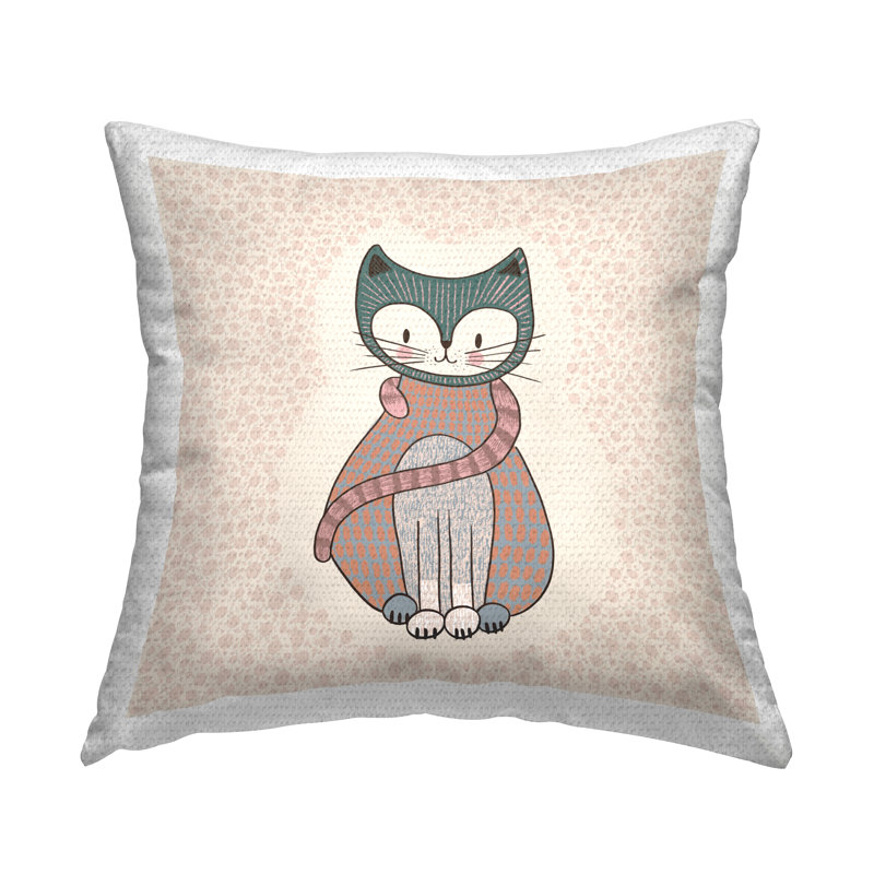 Coussin d'extérieur imprimé d'un chat fantaisiste avec un animal souriant par Birgit Maria Kiennast