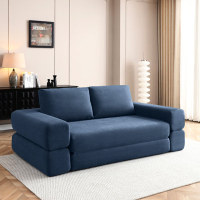 81'' Blue Corduroy Folding , 3 In 1 Multi-functional For Living Room And Bedroom, High Foam, No Assembly Needed Convertible Floor Couch Bed Futon Sleeper Mattress With Pillows, Comfy Lounge Modern