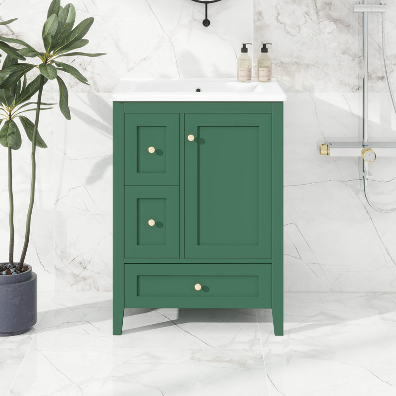 Armoire de salle de bain moderne avec 3 tiroirs, séparateurs amovibles et tablette réglable, Vert foncé