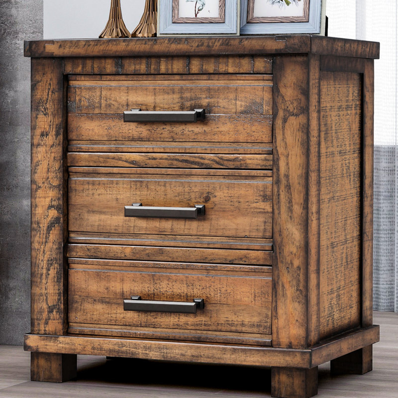 Table de chevet en bois récupéré de style rétro avec trois tiroirs et poignées de tiroir rétro style rustique Allure