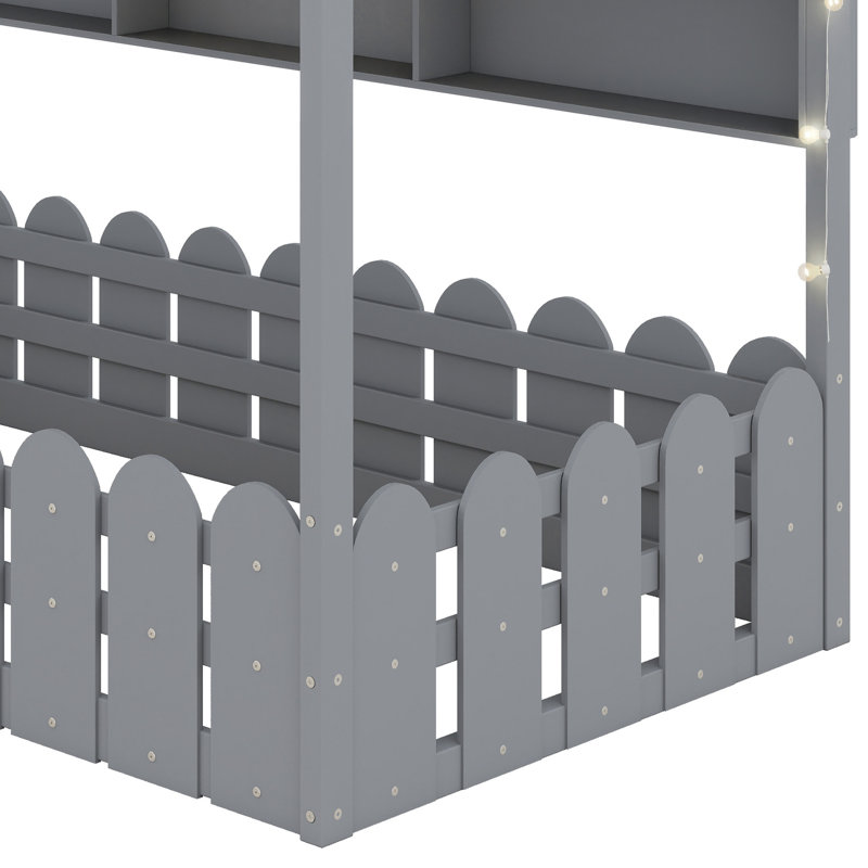 House-Shaped Montessori Bed Including Guard Rails, Tent Attachment, Lighting Elements, and Shelf Storage, Gray