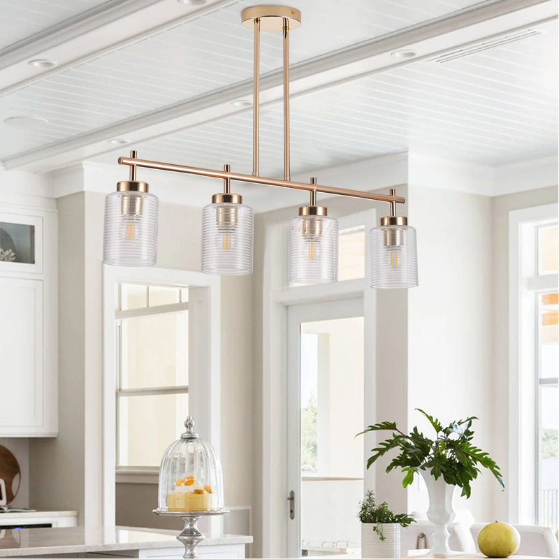 Lustre linéaire 4 lumières pour îlot de cuisine doré avec abat-jour en verre