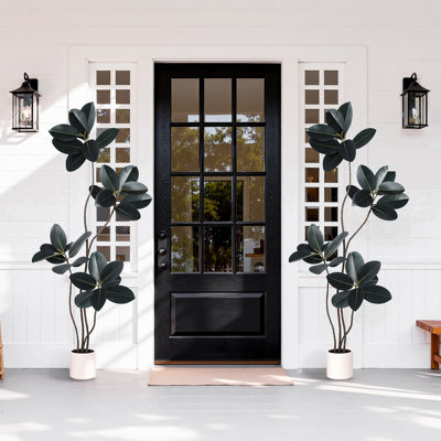 Faux Rubber Tree Oak Plant In White Planter Indoor Outdoor Home Decoration