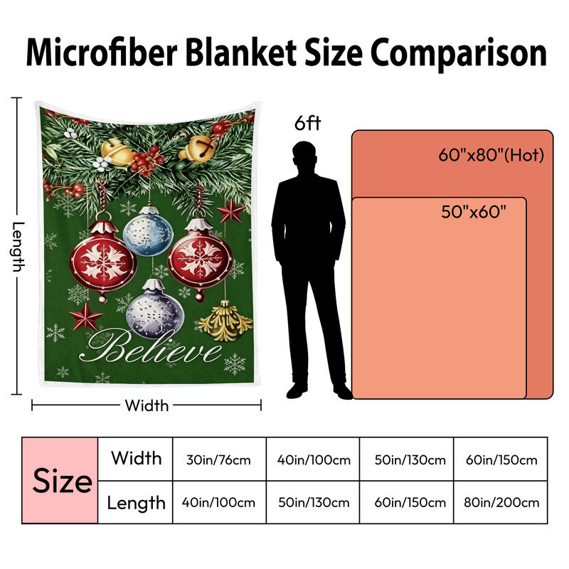 Plaid de Noël en flanelle polaire JYK, léger, respirant, doux, chaud et confortable en microfibre pelucheuse, 76 x 102 cm, décorations suspendues Believe