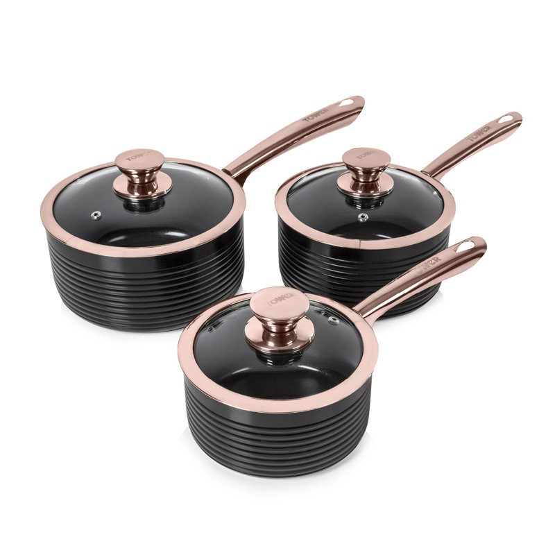 Tower Linear Non Stick Induction Saucepans Sets With Lids, Easy Clean, 3 Piece Set, 16/18/20 cm, Black