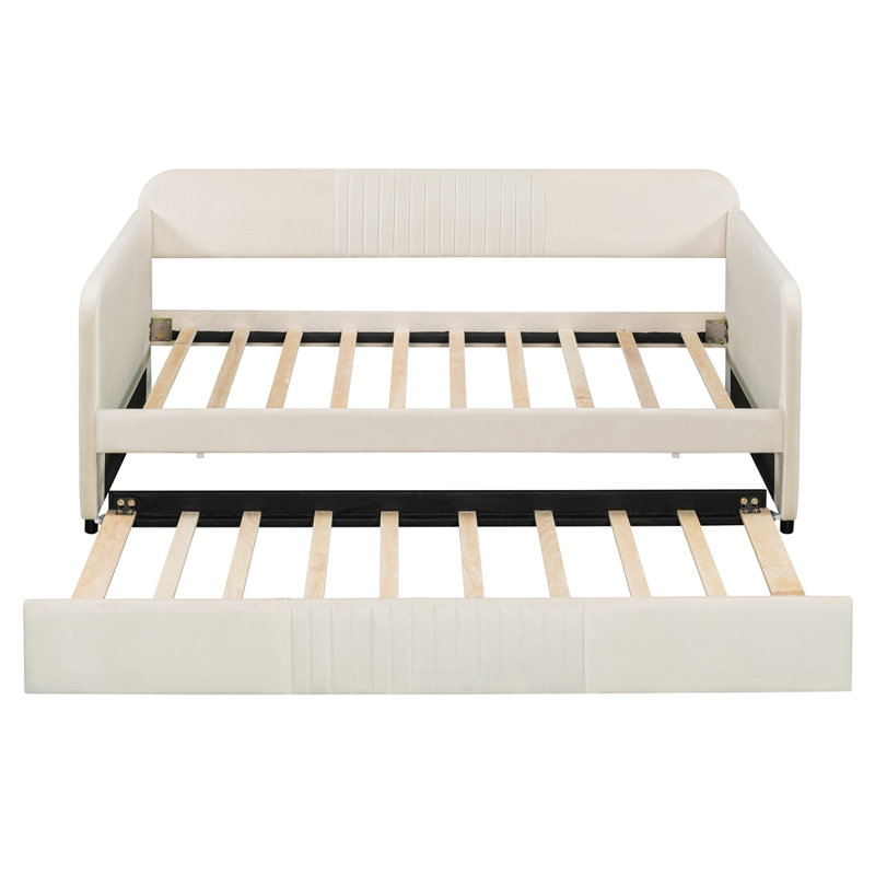 Upholstered Daybed Sofa Bed Twin Size With Trundle Bed and Wood Slat, Beige