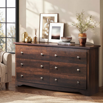Commode en bois à 6 tiroirs l 59 po avec poignées doubles élégantes pour la chambre à coucher, grand rangement moderne avec pieds solides, commode à tiroirs Esspresso pour le salon, couloir