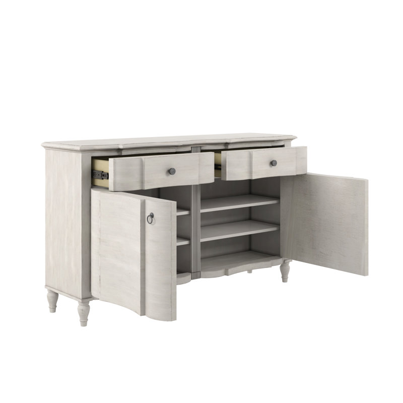 Ivory Wood Buffet with Brass Hardware and Reed Detailing