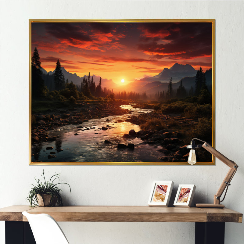«Sunrise Morning At The River - Sunrise & Sunset», art mural, Cadre flottant doré, H 34 po x l 44 po x P 1,5 po