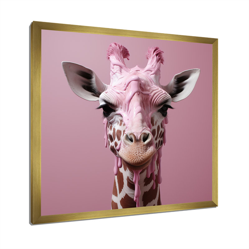 Girafe rose, position romantique sur toile, Cadre doré simple, H 16 po x l 16 po x P 1 po